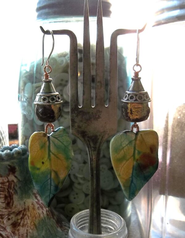 Product Image: Colorful Leaves Ceramic Buddha Bead Earrings Gold Foil