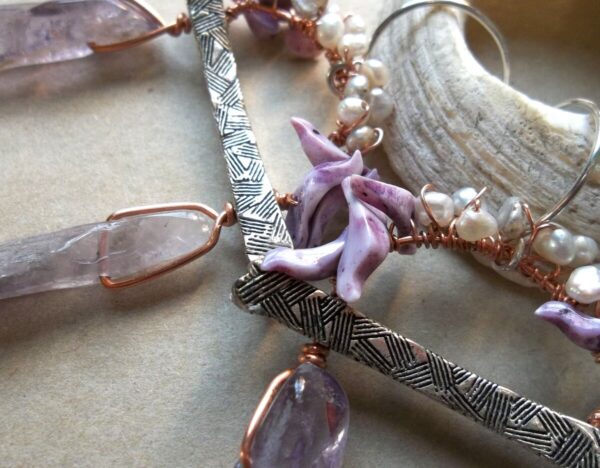 Product Image: Pearl, Amethyst and Shell Bird Earrings-Upcycled Jewelry Bits