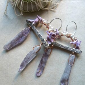 Product Image: Pearl, Amethyst and Shell Bird Earrings-Upcycled Jewelry Bits