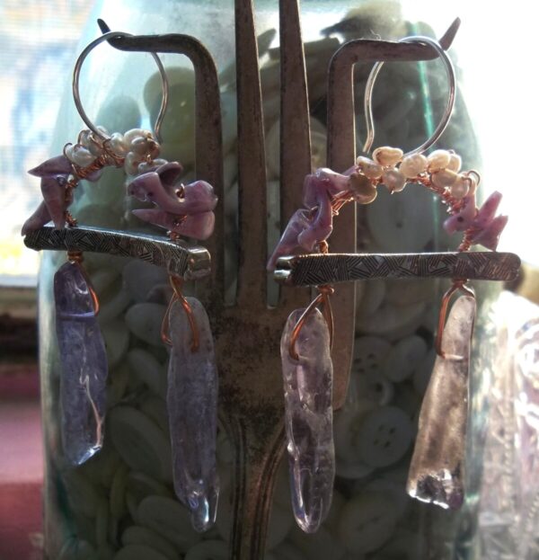 Product Image: Pearl, Amethyst and Shell Bird Earrings-Upcycled Jewelry Bits