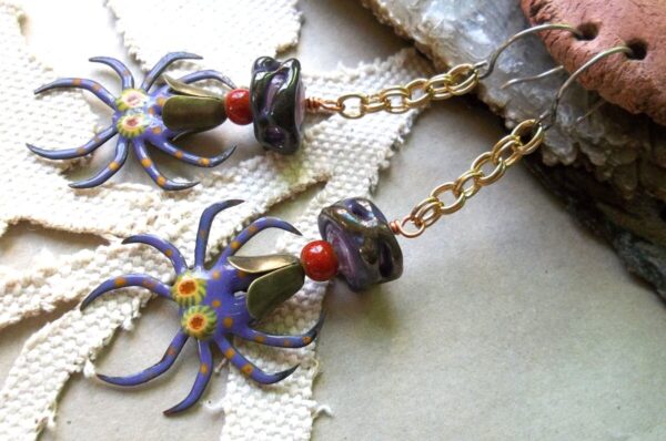 Product Image: Purple Spider Earrings Artisan Enamels Bead Soup Love with Reclaimed Chain