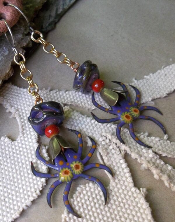 Product Image: Purple Spider Earrings Artisan Enamels Bead Soup Love with Reclaimed Chain