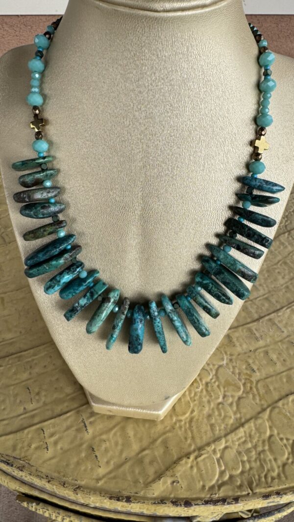 Product Image: Turquoise Slab Necklace with Czech Bead Accents Sterling Clasp 18″+2″ Extender Chain
