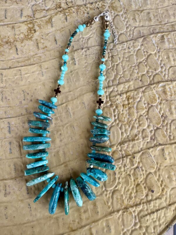 Product Image: Turquoise Slab Necklace with Czech Bead Accents Sterling Clasp 18″+2″ Extender Chain