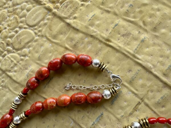 Product Image: Apple Coral Necklace Sterling Silver & Brass Bead Accents 25″+2″ Extender Chain