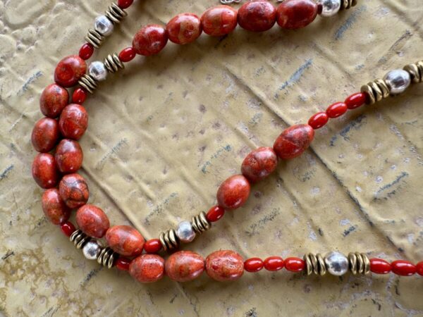 Product Image: Apple Coral Necklace Sterling Silver & Brass Bead Accents 25″+2″ Extender Chain