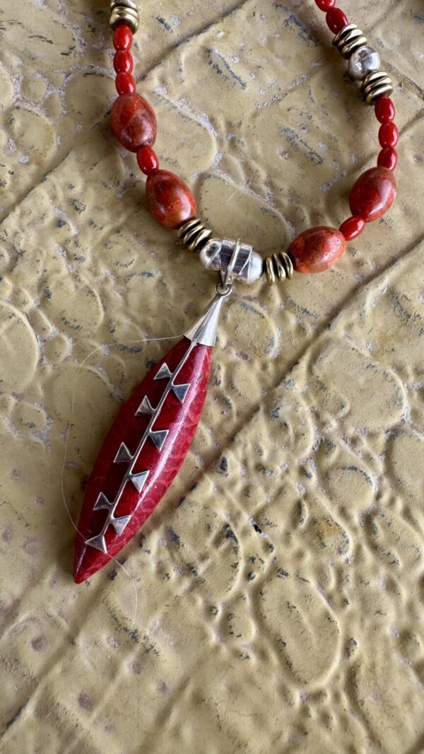Product Image: Apple Coral Necklace Sterling Silver & Brass Bead Accents 25″+2″ Extender Chain
