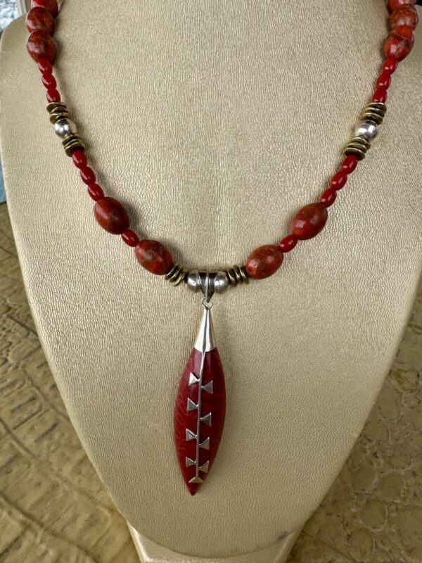 Product Image: Apple Coral Necklace Sterling Silver & Brass Bead Accents 25″+2″ Extender Chain