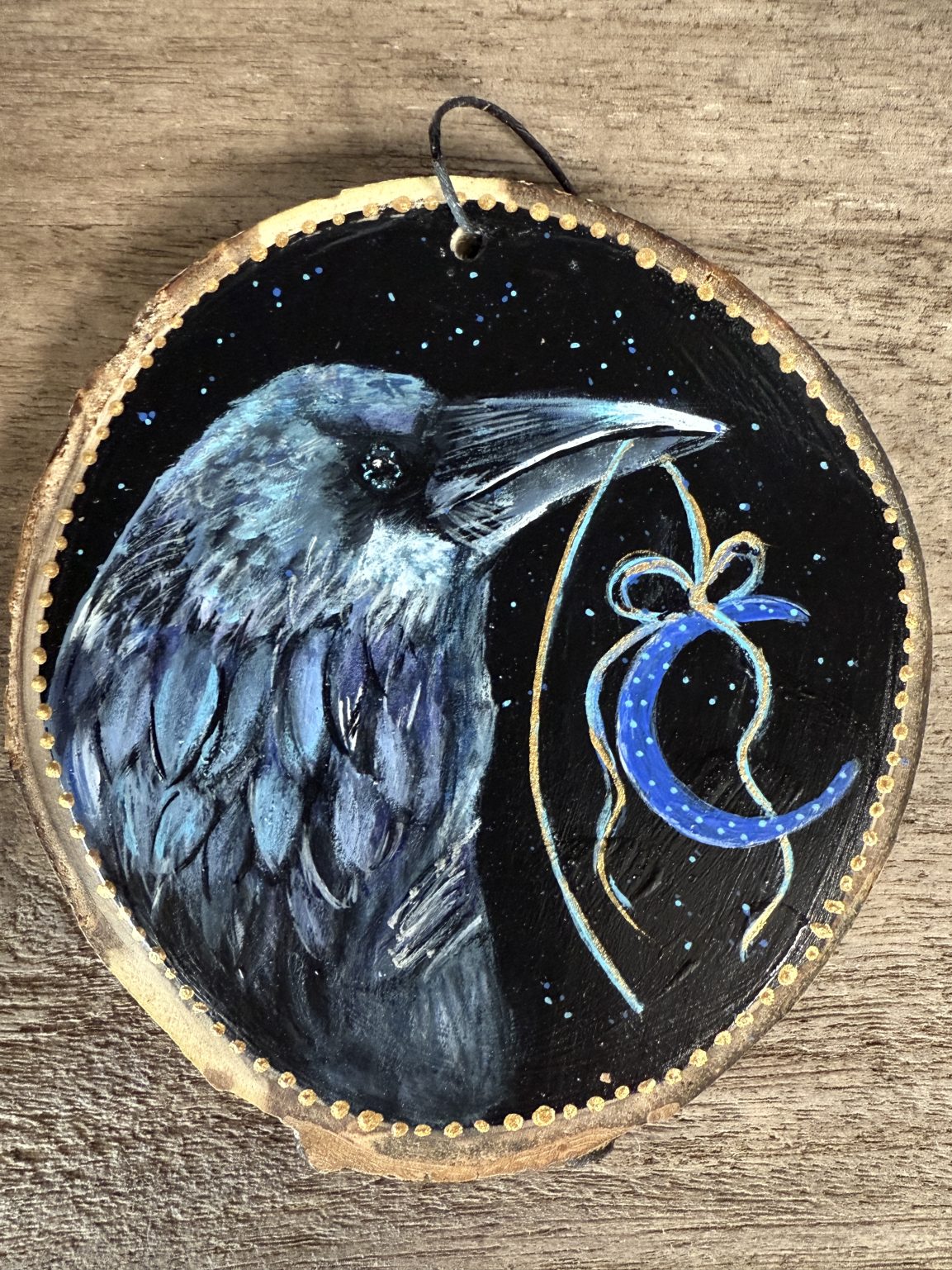 Santa Fe Marketplace Moon Raven — Original Hand-Painted Aspen Wood Slice Product Image: Moon Raven — Original Hand-Painted Aspen Wood Slice