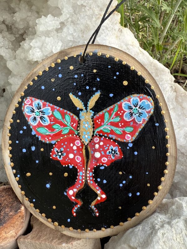 Product Image: Red Luna Moth — Original Hand-Painted Aspen Wood Slice