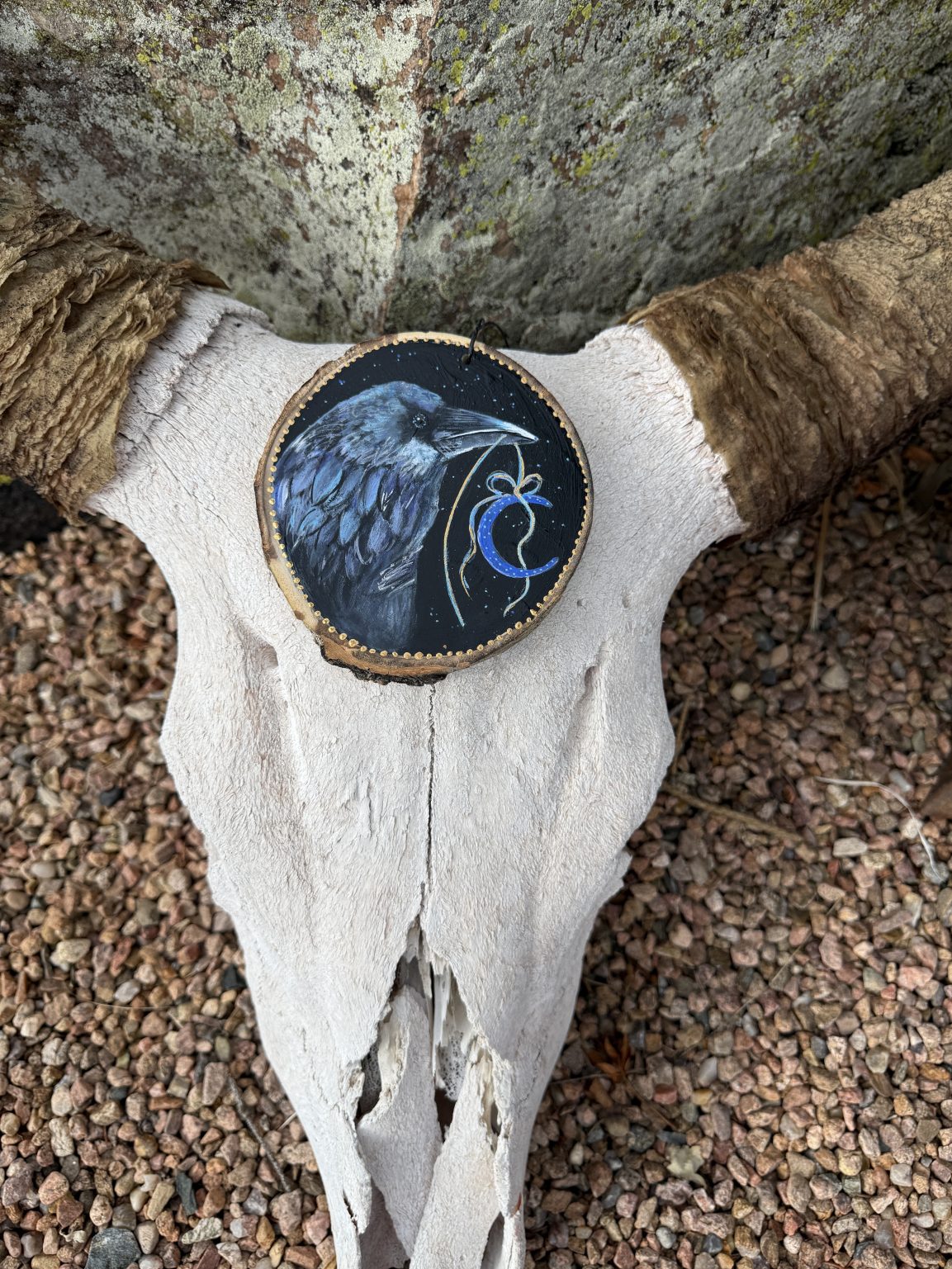 Santa Fe Marketplace Moon Raven — Original Hand-Painted Aspen Wood Slice Product Image: Moon Raven — Original Hand-Painted Aspen Wood Slice