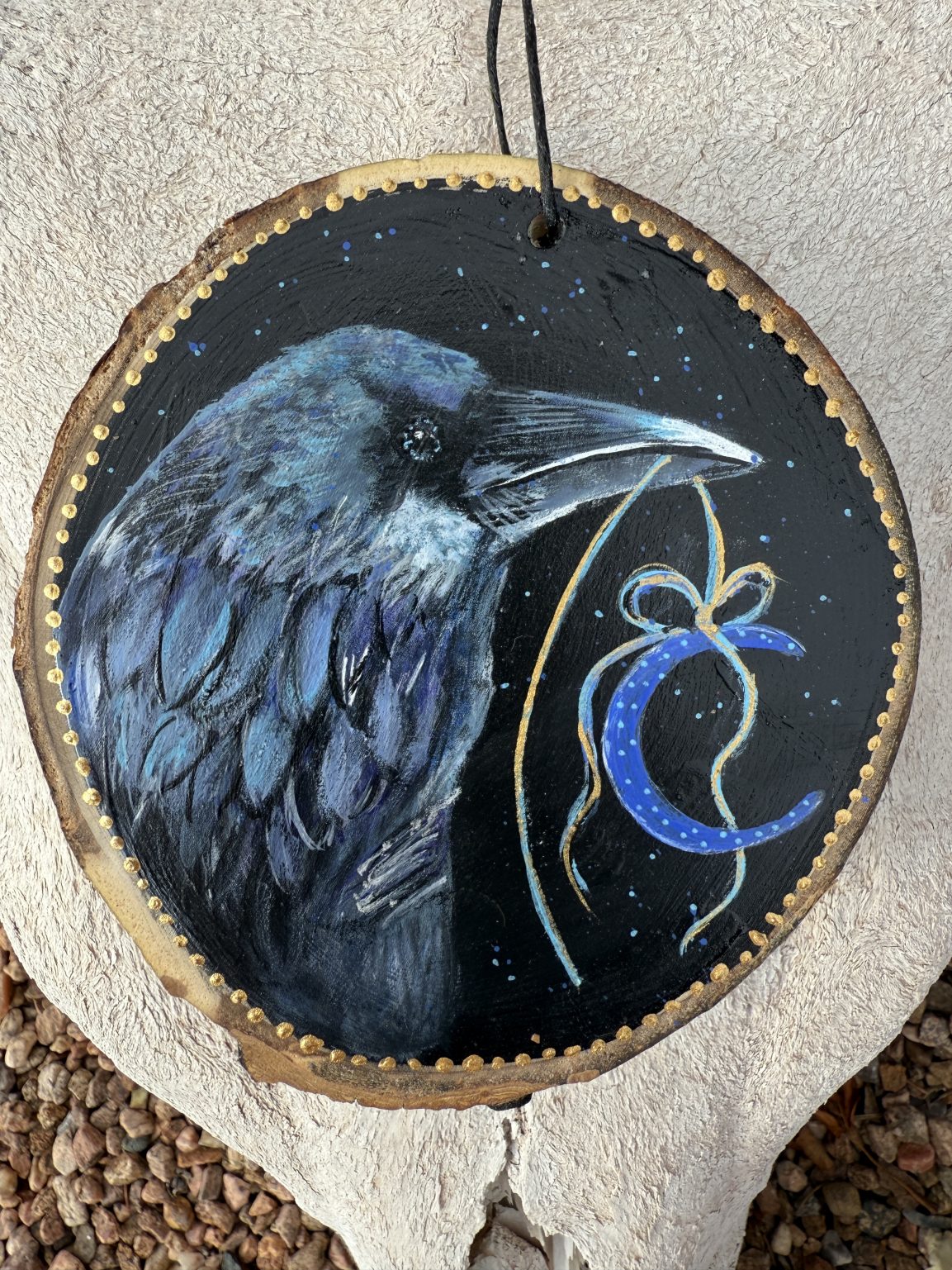 Santa Fe Marketplace Moon Raven — Original Hand-Painted Aspen Wood Slice Product Image: Moon Raven — Original Hand-Painted Aspen Wood Slice