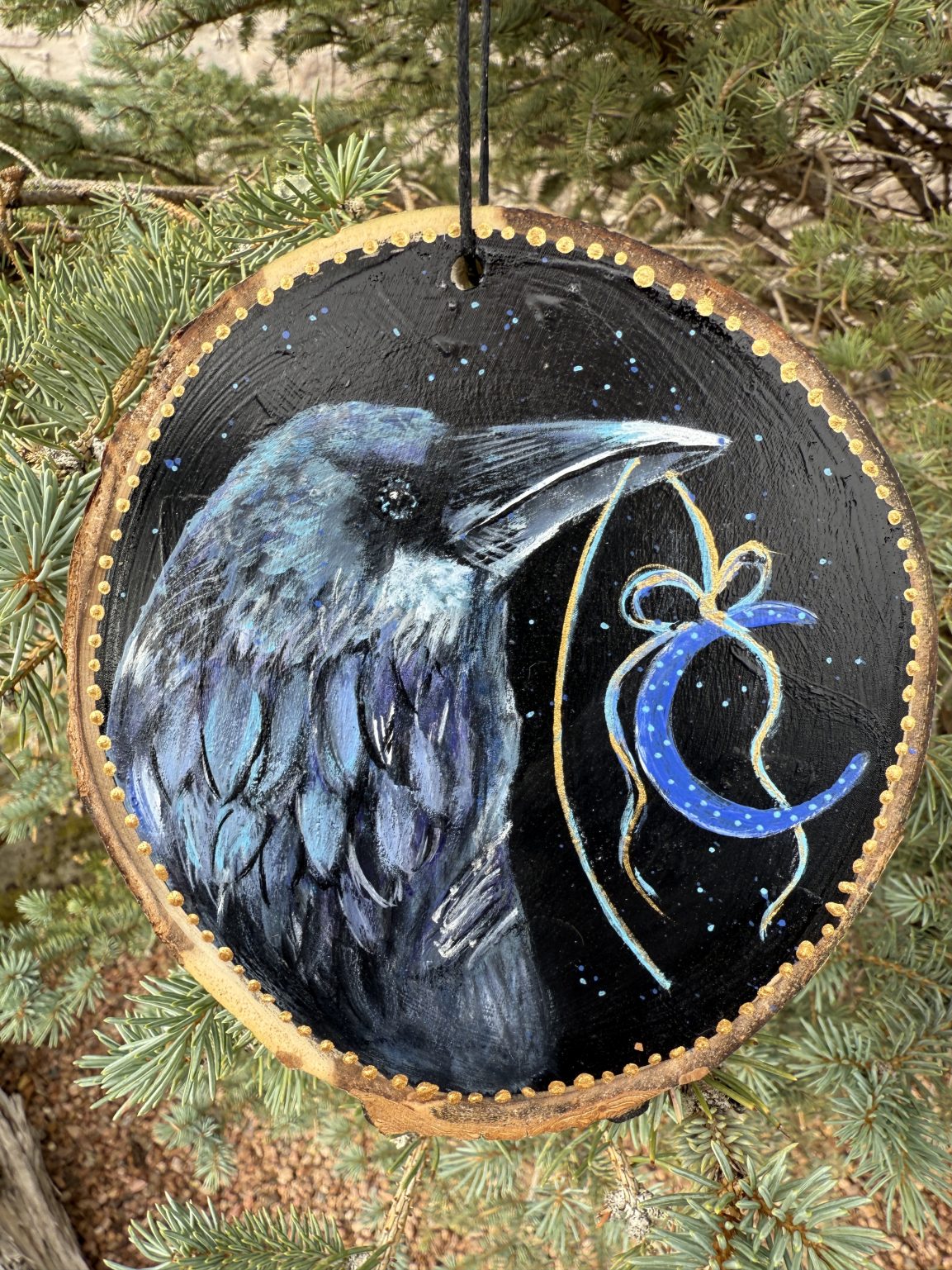 Santa Fe Marketplace Moon Raven — Original Hand-Painted Aspen Wood Slice Product Image: Moon Raven — Original Hand-Painted Aspen Wood Slice