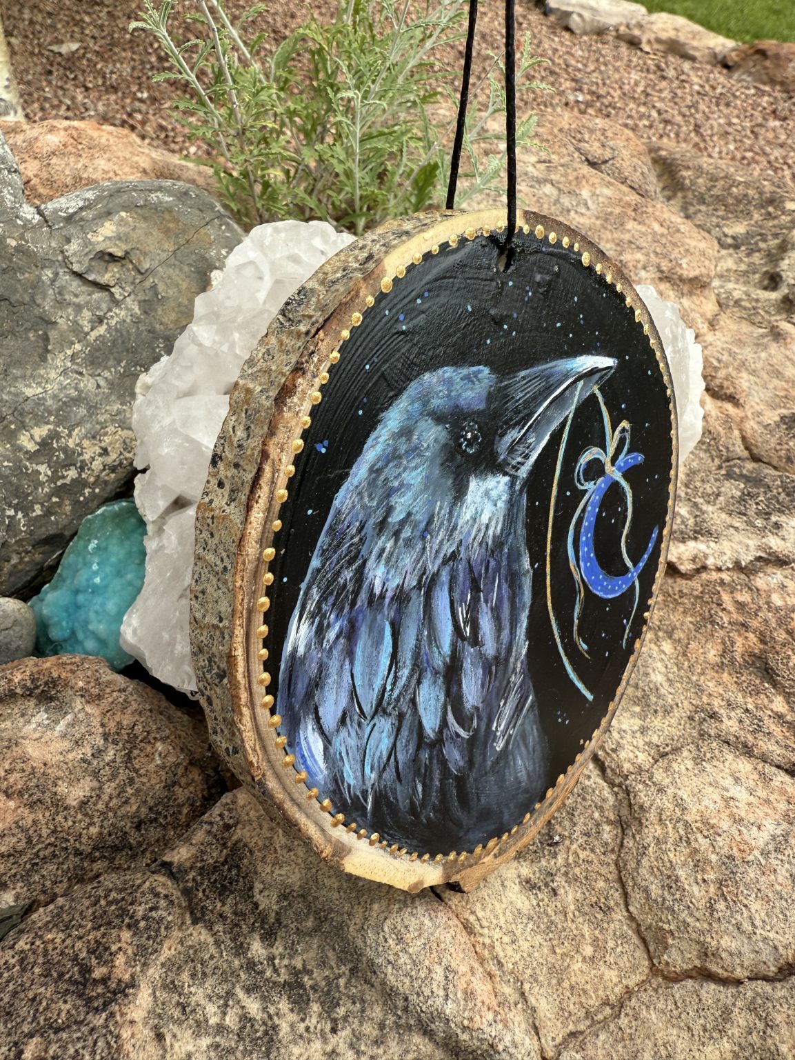 Santa Fe Marketplace Moon Raven — Original Hand-Painted Aspen Wood Slice Product Image: Moon Raven — Original Hand-Painted Aspen Wood Slice