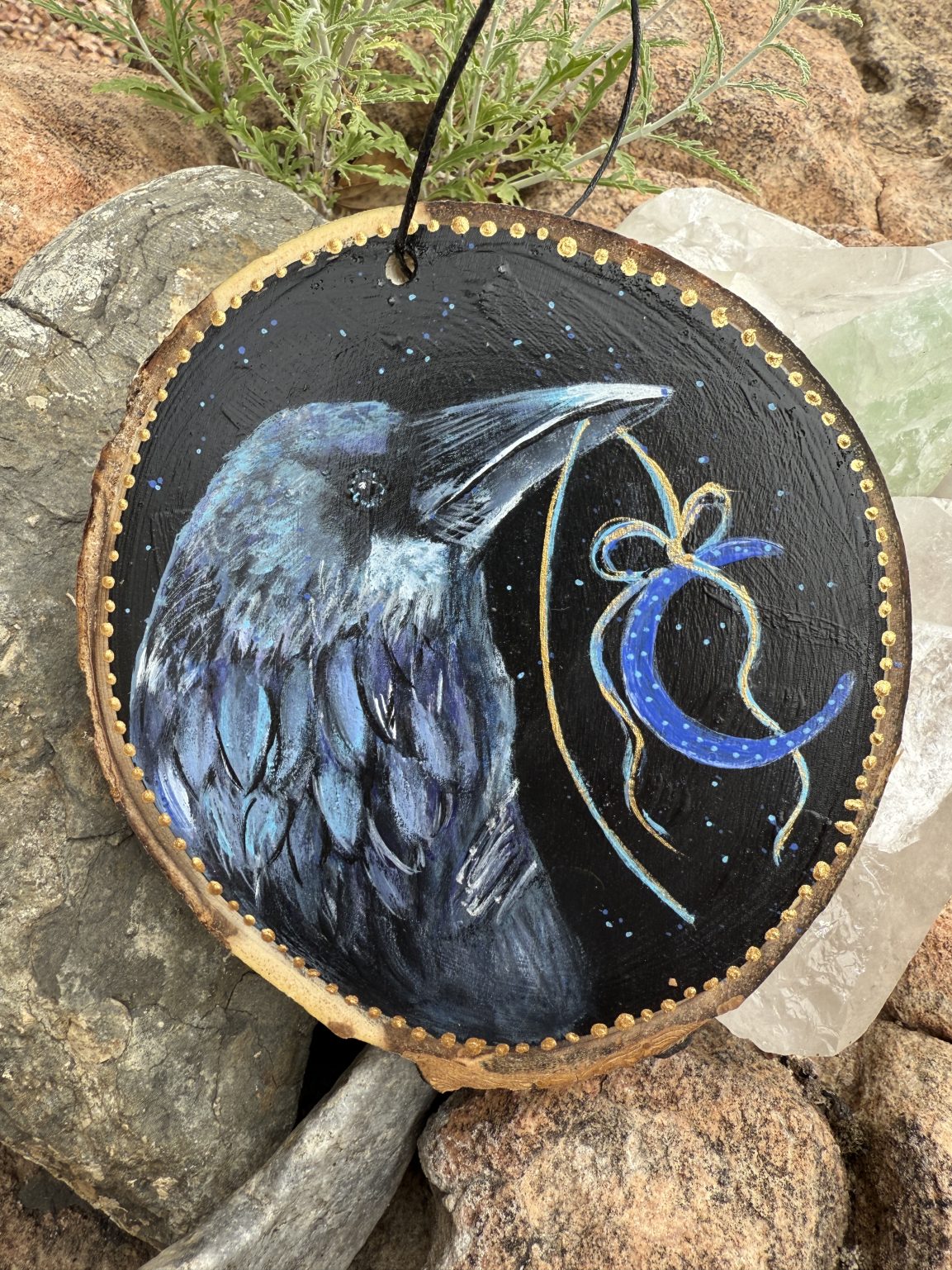 Santa Fe Marketplace Moon Raven — Original Hand-Painted Aspen Wood Slice Product Image: Moon Raven — Original Hand-Painted Aspen Wood Slice