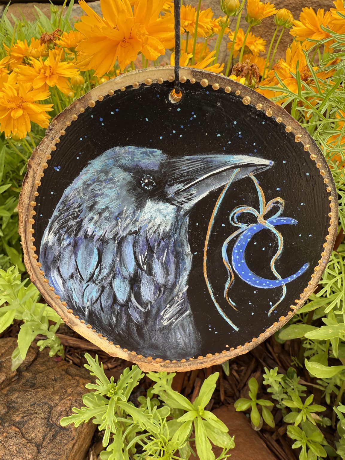 Santa Fe Marketplace Moon Raven — Original Hand-Painted Aspen Wood Slice Product Image: Moon Raven — Original Hand-Painted Aspen Wood Slice