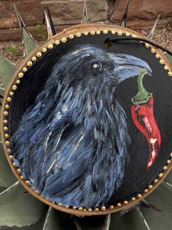 Product Image: Raven Offering Chile – Original Hand-Painted Aspen Wood Slice