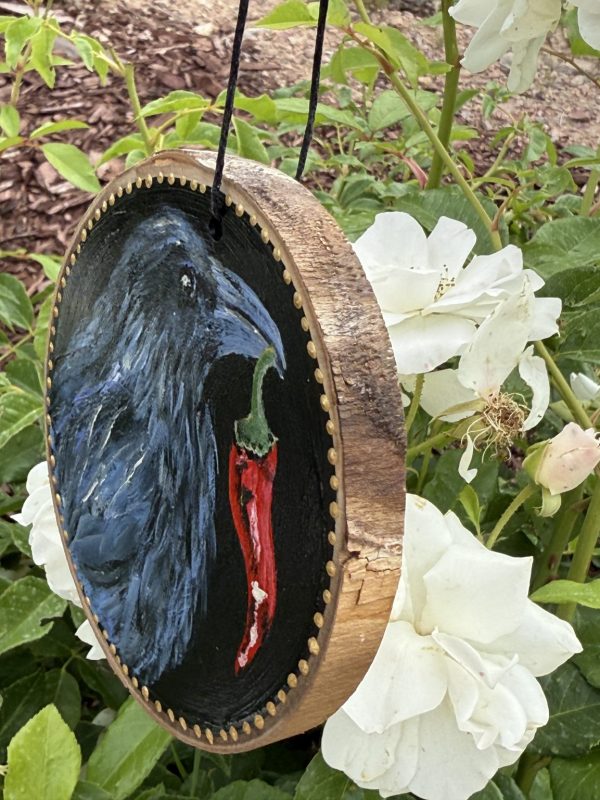 Product Image: Raven Offering Chile – Original Hand-Painted Aspen Wood Slice