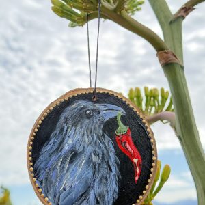 Product Image: Raven Offering Chile – Original Hand-Painted Aspen Wood Slice