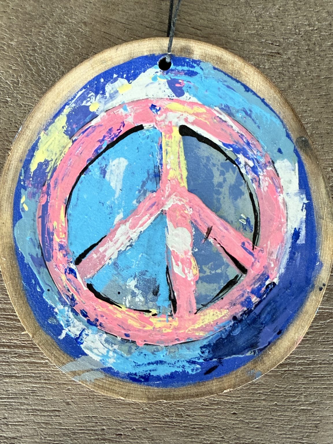 Santa Fe Marketplace Peace 2 — Original Hand-Painted Aspen Wood Slice Product Image: Peace 2 — Original Hand-Painted Aspen Wood Slice