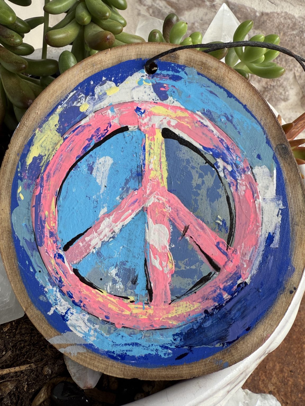 Santa Fe Marketplace Peace 2 — Original Hand-Painted Aspen Wood Slice Product Image: Peace 2 — Original Hand-Painted Aspen Wood Slice