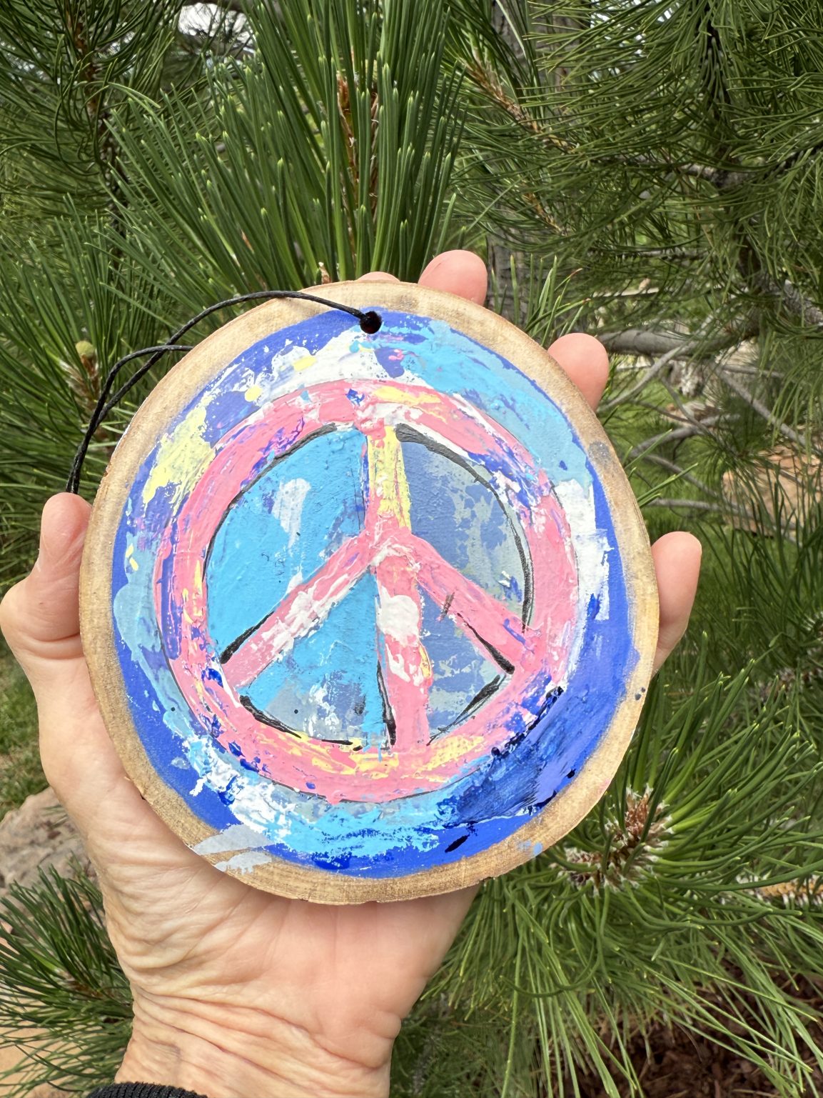 Santa Fe Marketplace Peace 2 — Original Hand-Painted Aspen Wood Slice Product Image: Peace 2 — Original Hand-Painted Aspen Wood Slice