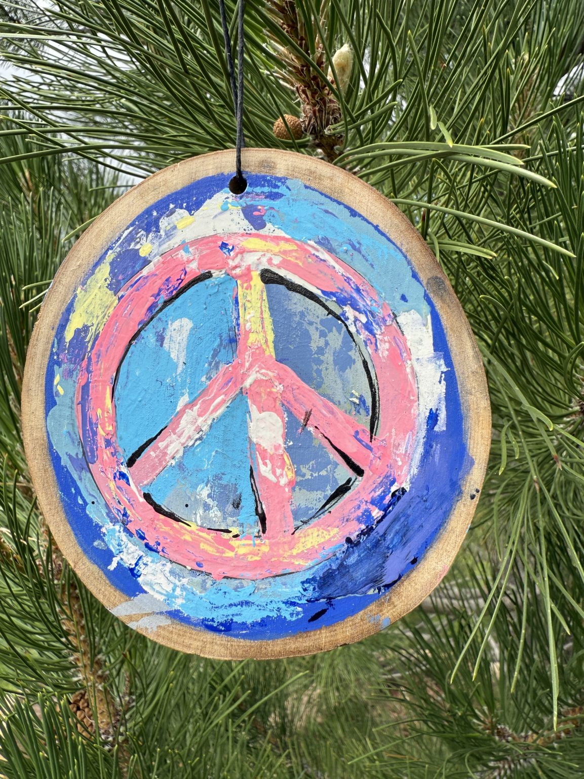 Santa Fe Marketplace Peace 2 — Original Hand-Painted Aspen Wood Slice Product Image: Peace 2 — Original Hand-Painted Aspen Wood Slice