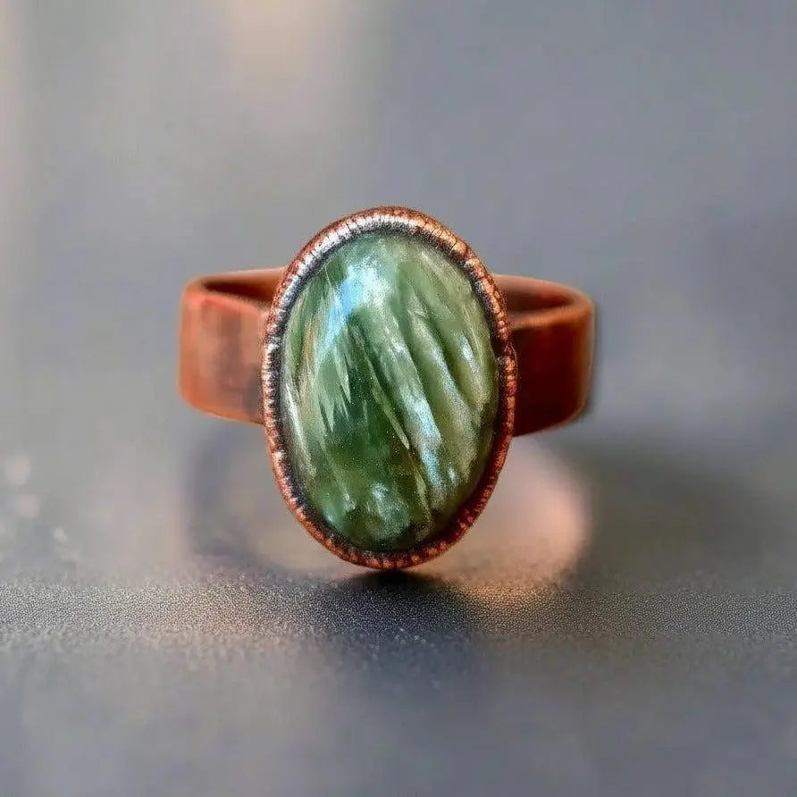 Santa Fe Marketplace Seraphinite Ring — Handcrafted Copper and Crystal Jewelry for Serenity Product Image: Seraphinite Ring — Handcrafted Copper and Crystal Jewelry for Serenity