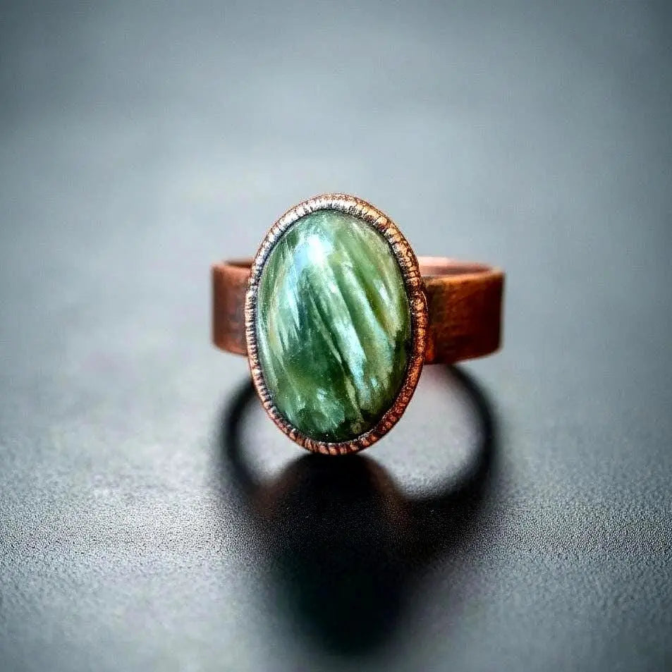 Santa Fe Marketplace Seraphinite Ring — Handcrafted Copper and Crystal Jewelry for Serenity Product Image: Seraphinite Ring — Handcrafted Copper and Crystal Jewelry for Serenity