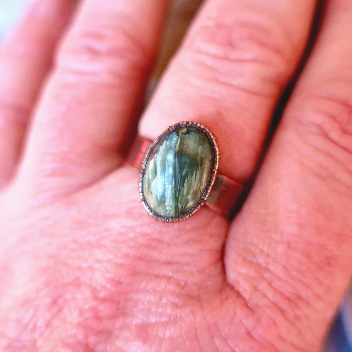 Santa Fe Marketplace Seraphinite Ring — Handcrafted Copper and Crystal Jewelry for Serenity Product Image: Seraphinite Ring — Handcrafted Copper and Crystal Jewelry for Serenity