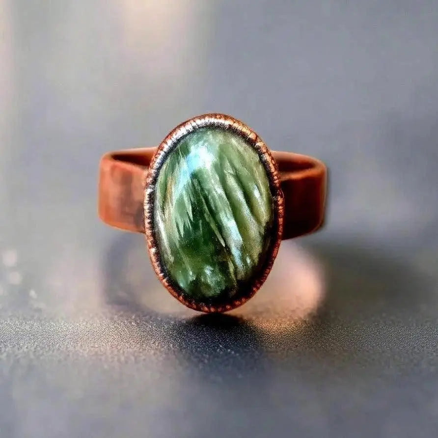 Santa Fe Marketplace Seraphinite Ring — Handcrafted Copper and Crystal Jewelry for Serenity Product Image: Seraphinite Ring — Handcrafted Copper and Crystal Jewelry for Serenity