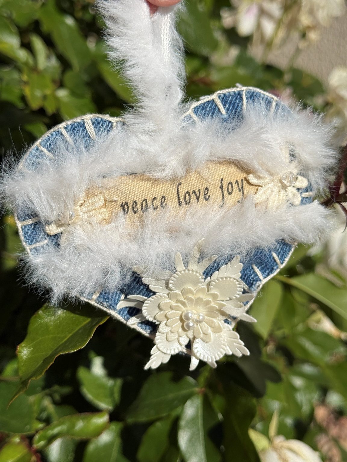 Santa Fe Marketplace Hand Embroidered Love Heart Ornaments #1 – By Annette Colby Product Image: Hand Embroidered Love Heart Ornaments #1 – By Annette Colby