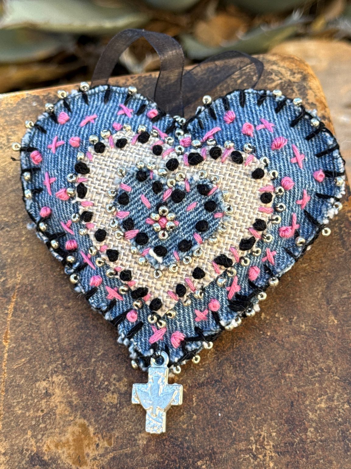 Santa Fe Marketplace Hand Embroidered Love Heart Ornaments #2 – By Annette Colby Product Image: Hand Embroidered Love Heart Ornaments #2 – By Annette Colby