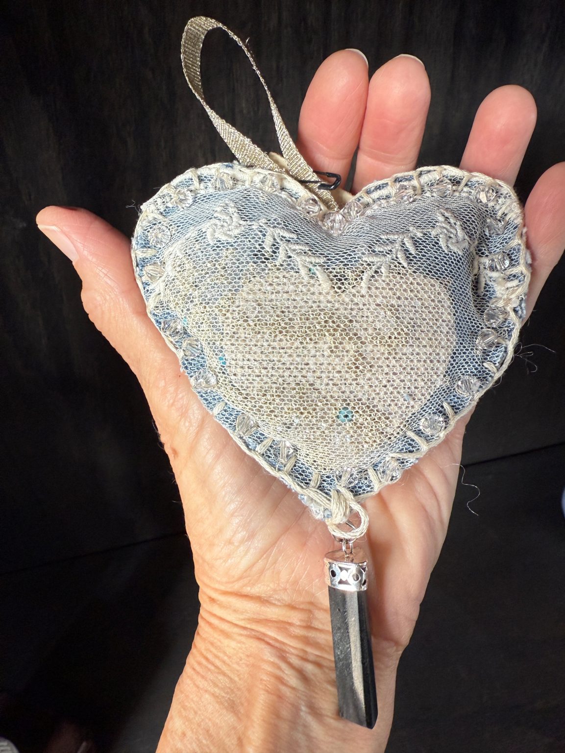 Santa Fe Marketplace Hand Embroidered Love Heart Ornaments #3 – By Annette Colby Product Image: Hand Embroidered Love Heart Ornaments #3 – By Annette Colby