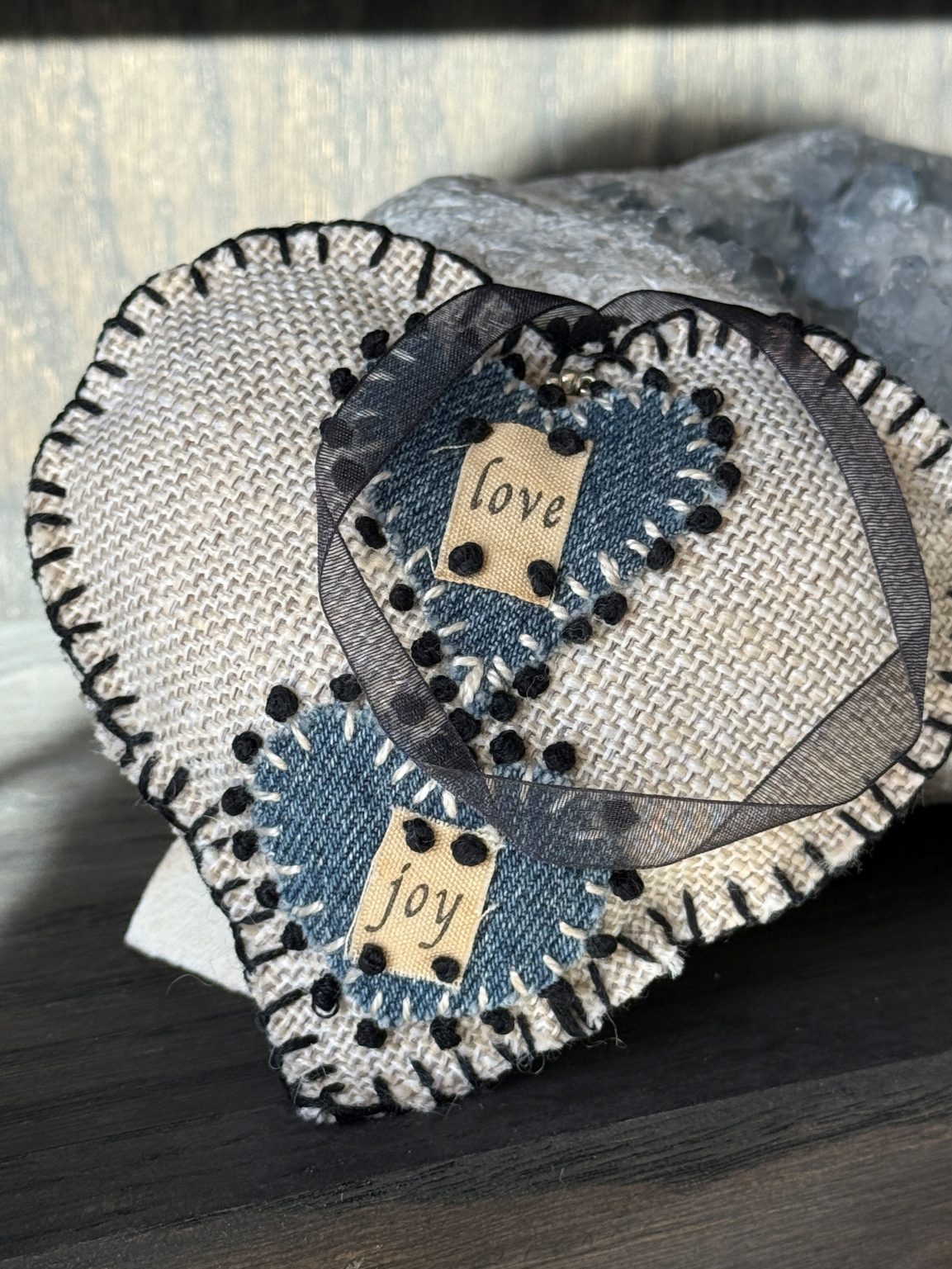 Santa Fe Marketplace Hand Embroidered Love Heart Ornaments #4 – By Annette Colby Product Image: Hand Embroidered Love Heart Ornaments #4 – By Annette Colby