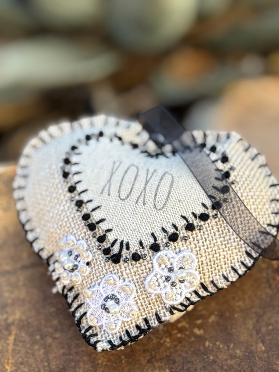 Santa Fe Marketplace Hand Embroidered Love Heart Ornaments #5 – By Annette Colby Product Image: Hand Embroidered Love Heart Ornaments #5 – By Annette Colby
