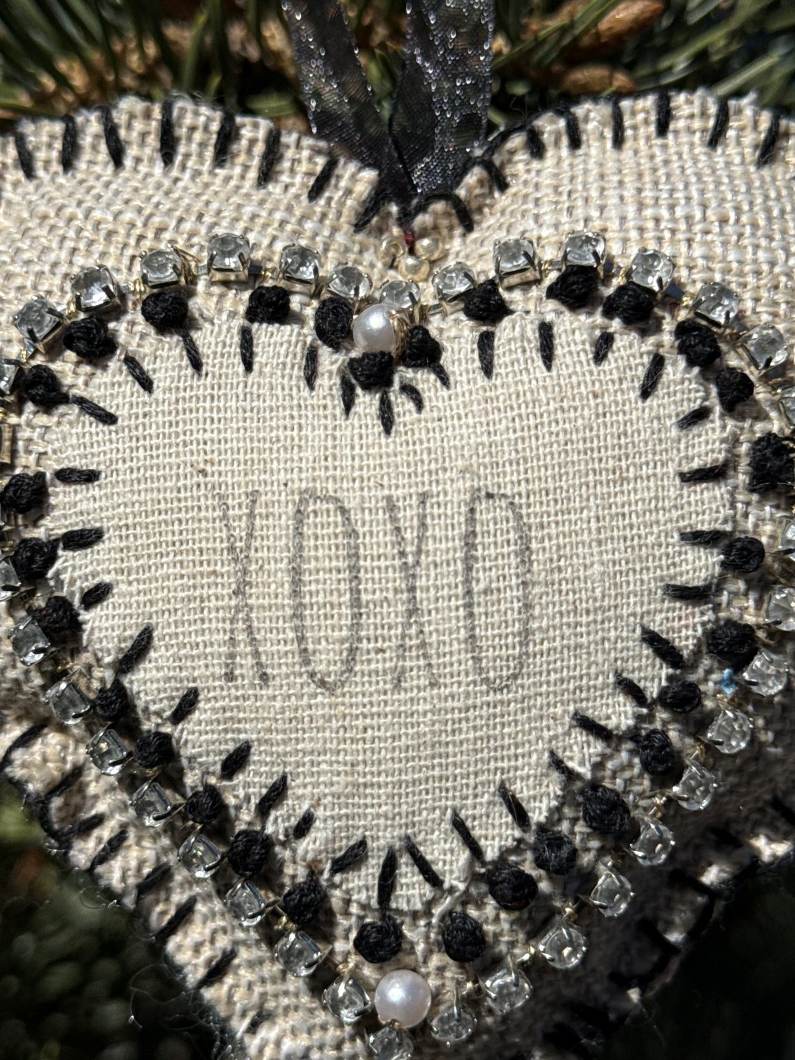 Santa Fe Marketplace Hand Embroidered Love Heart Ornaments #6– By Annette Colby Product Image: Hand Embroidered Love Heart Ornaments #6– By Annette Colby