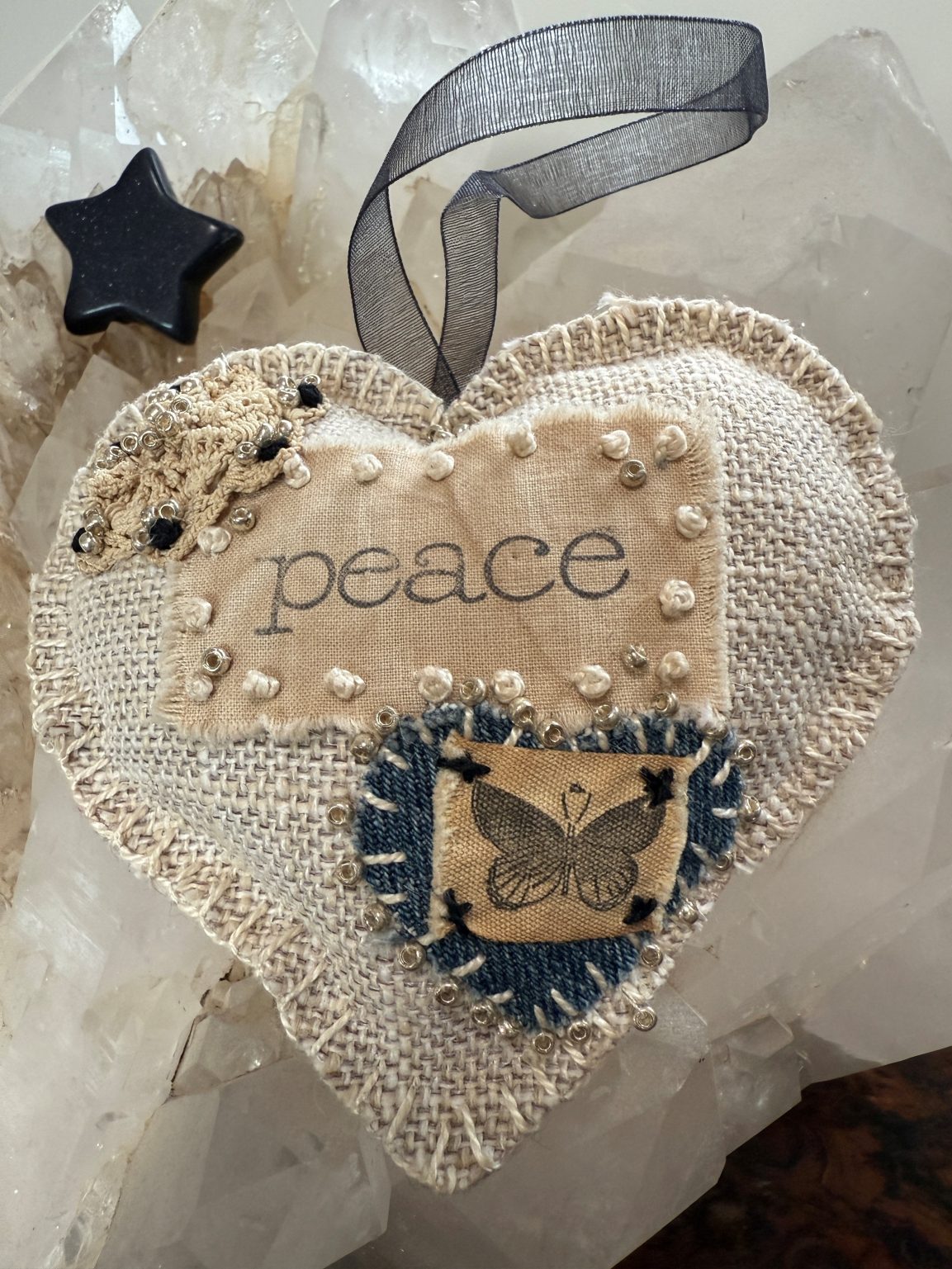 Santa Fe Marketplace Hand Embroidered Love Heart Ornaments #8 – By Annette Colby Product Image: Hand Embroidered Love Heart Ornaments #8 – By Annette Colby