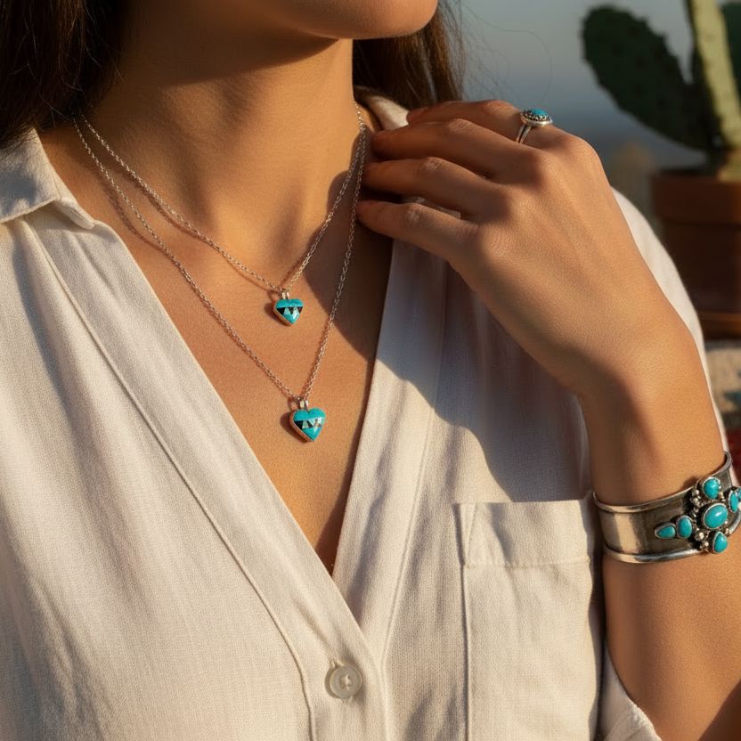 Santa Fe Marketplace Turquoise & Onyx Heart Necklace Product Image: Turquoise & Onyx Heart Necklace
