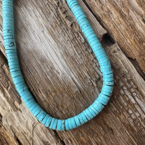 Santa Fe Marketplace Turquoise Kingman Mine Heishi 8mm 18″+2″ Sterling Extender Chain Product Image: Turquoise Kingman Mine Heishi 8mm 18″+2″ Sterling Extender Chain