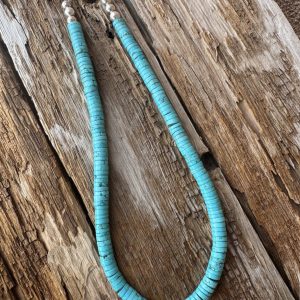 Santa Fe Marketplace Turquoise Kingman Mine Heishi 8mm Round 18″+2″ Sterling Extender Chain Product Image: Turquoise Kingman Mine Heishi 8mm Round 18″+2″ Sterling Extender Chain