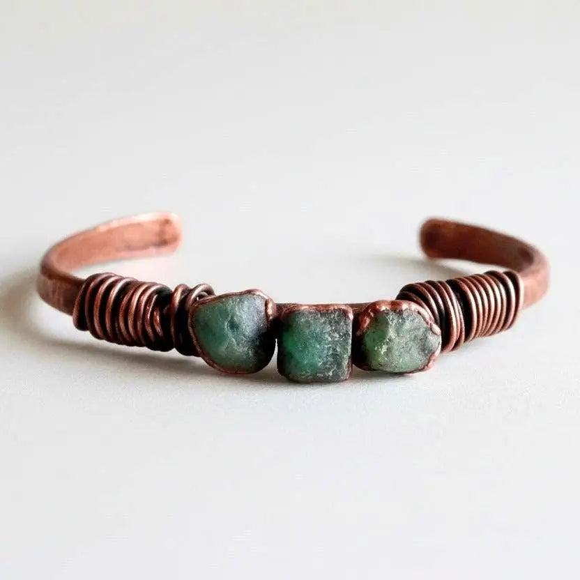 Santa Fe Marketplace Raw Emerald Copper Cuff | Hand Hammered Bracelet | Bronze Wire Wrap | May Birthstone Product Image: Raw Emerald Copper Cuff | Hand Hammered Bracelet | Bronze Wire Wrap | May Birthstone