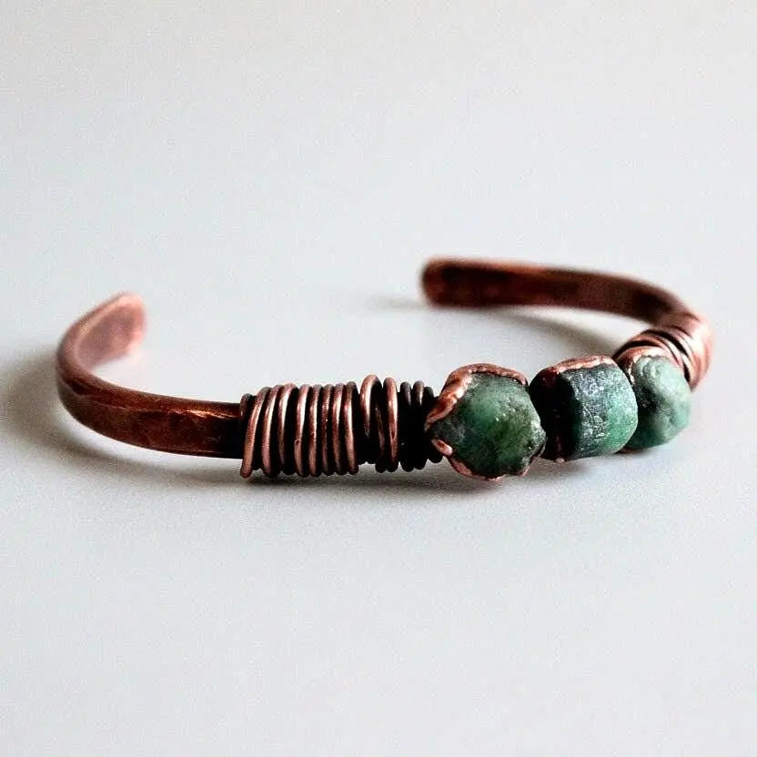 Santa Fe Marketplace Raw Emerald Copper Cuff | Hand Hammered Bracelet | Bronze Wire Wrap | May Birthstone Product Image: Raw Emerald Copper Cuff | Hand Hammered Bracelet | Bronze Wire Wrap | May Birthstone