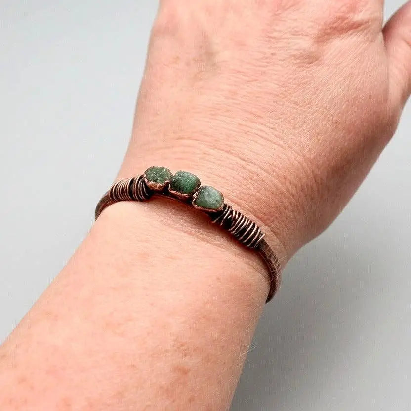 Santa Fe Marketplace Raw Emerald Copper Cuff | Hand Hammered Bracelet | Bronze Wire Wrap | May Birthstone Product Image: Raw Emerald Copper Cuff | Hand Hammered Bracelet | Bronze Wire Wrap | May Birthstone