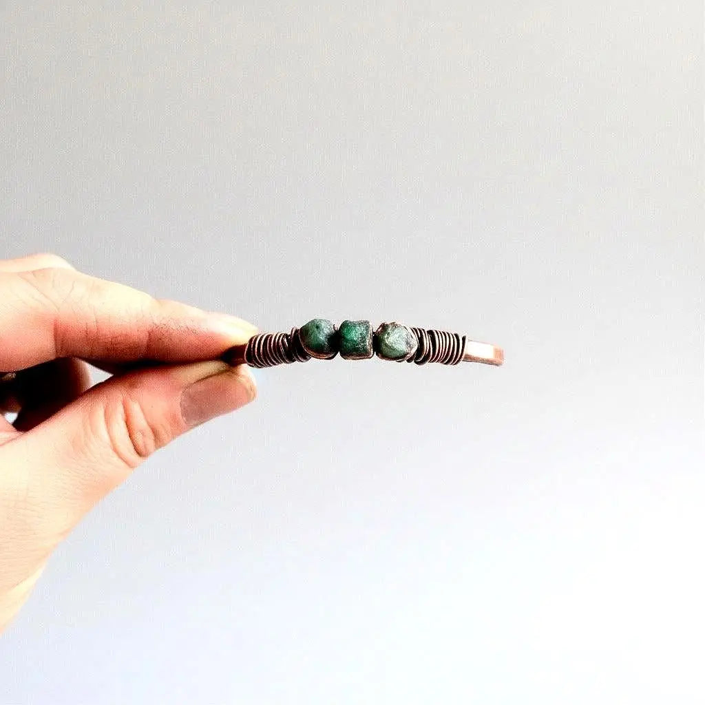 Santa Fe Marketplace Raw Emerald Copper Cuff | Hand Hammered Bracelet | Bronze Wire Wrap | May Birthstone Product Image: Raw Emerald Copper Cuff | Hand Hammered Bracelet | Bronze Wire Wrap | May Birthstone
