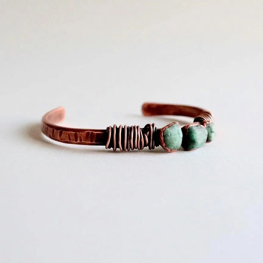 Santa Fe Marketplace Raw Emerald Copper Cuff | Hand Hammered Bracelet | Bronze Wire Wrap | May Birthstone Product Image: Raw Emerald Copper Cuff | Hand Hammered Bracelet | Bronze Wire Wrap | May Birthstone