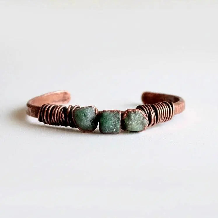 Santa Fe Marketplace Raw Emerald Copper Cuff | Hand Hammered Bracelet | Bronze Wire Wrap | May Birthstone Product Image: Raw Emerald Copper Cuff | Hand Hammered Bracelet | Bronze Wire Wrap | May Birthstone