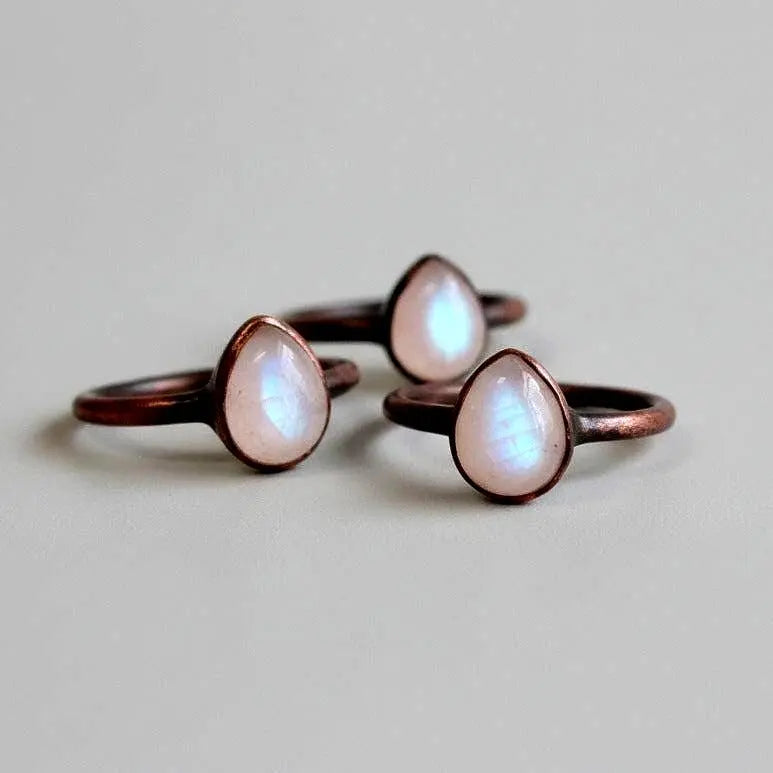 Santa Fe Marketplace Rainbow Moonstone Ring | 9x7mm Teardrop | Electroformed Copper | Made to Order Product Image: Rainbow Moonstone Ring | 9x7mm Teardrop | Electroformed Copper | Made to Order