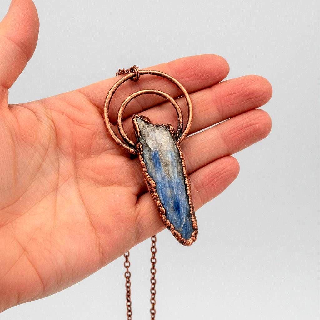 Santa Fe Marketplace Raw Blue Kyanite Necklace | Double Hoop Copper Setting | Handcrafted Product Image: Raw Blue Kyanite Necklace | Double Hoop Copper Setting | Handcrafted