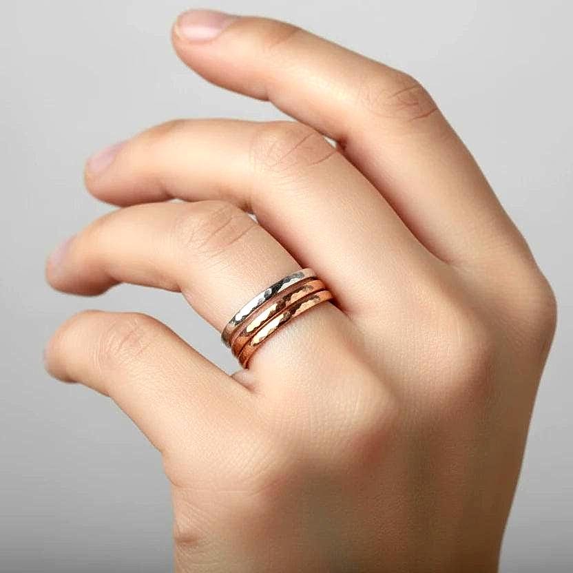 Santa Fe Marketplace Mixed Metal Stacking Rings | Hammered Copper, Silver & Brass Bands Product Image: Mixed Metal Stacking Rings | Hammered Copper, Silver & Brass Bands